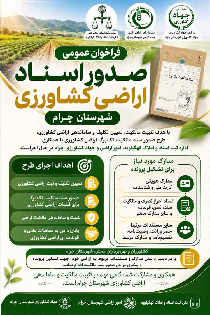 فراخوان عمومی صدور اسناد اراضی کشاورزی شهرستان چرام