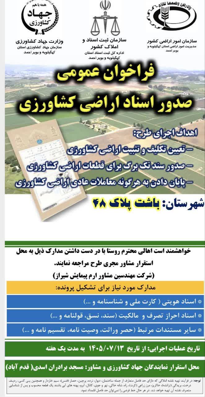 فراخوان عمومی صدور اسناد اراضی کشاورزی در باشت